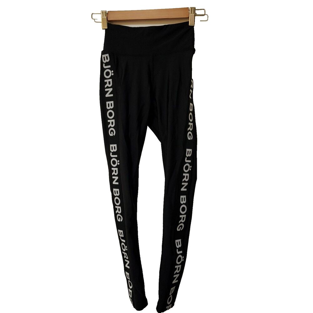 Bjorn Borg Hydro Pro Tights Womens Size 6 Black White Logo Nylon Spandex EUC - Picture 1 of 9